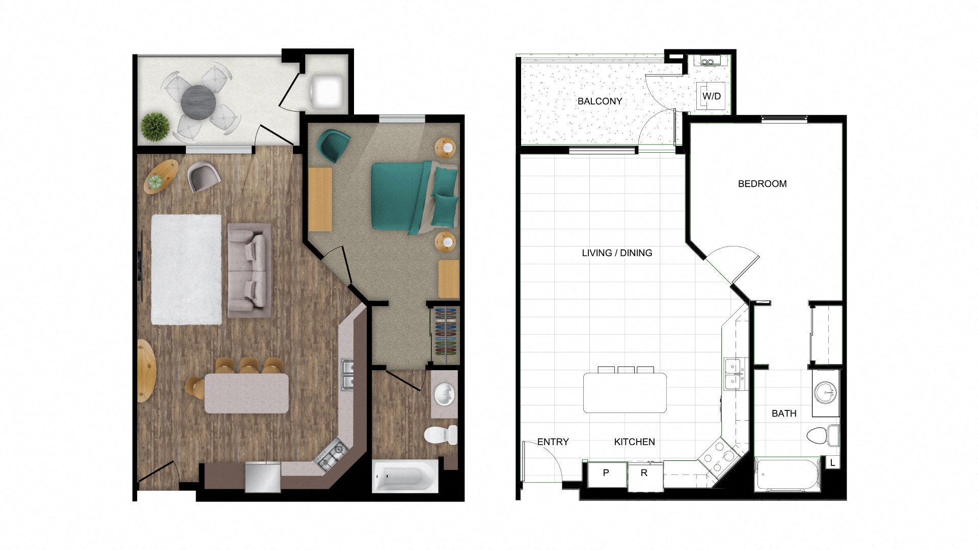 Floor plan for 1 bed, 1 bath, 700 sqft